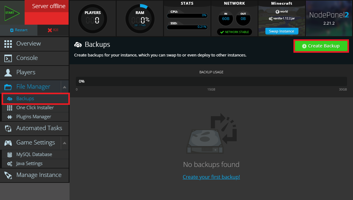 Creating a backup in NodePanel for a Minecraft server
