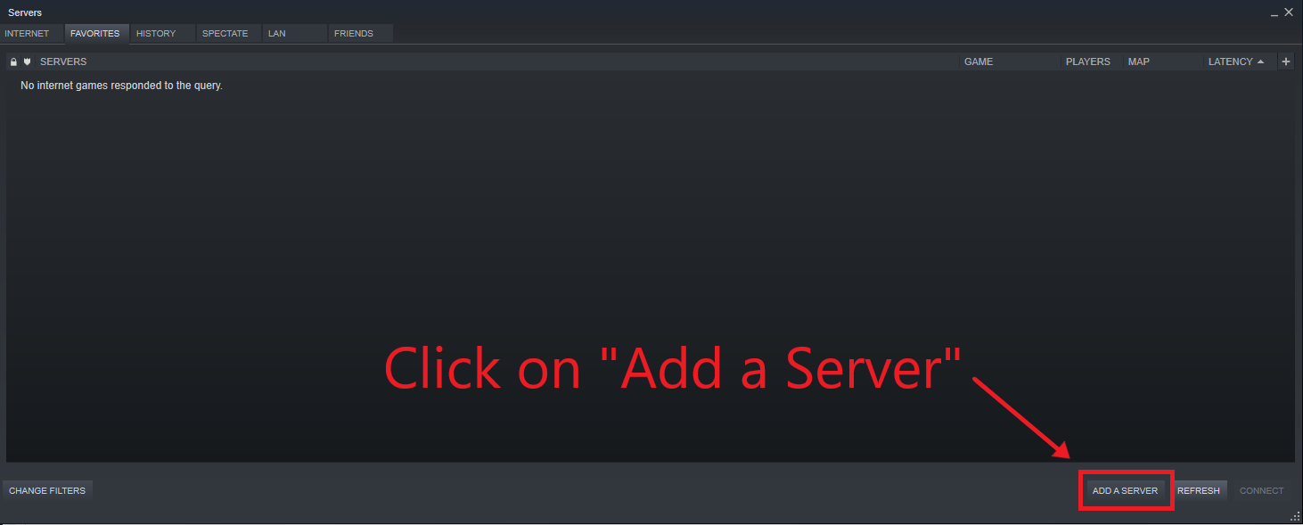 A view of the Steam window for adding a server to your favorites