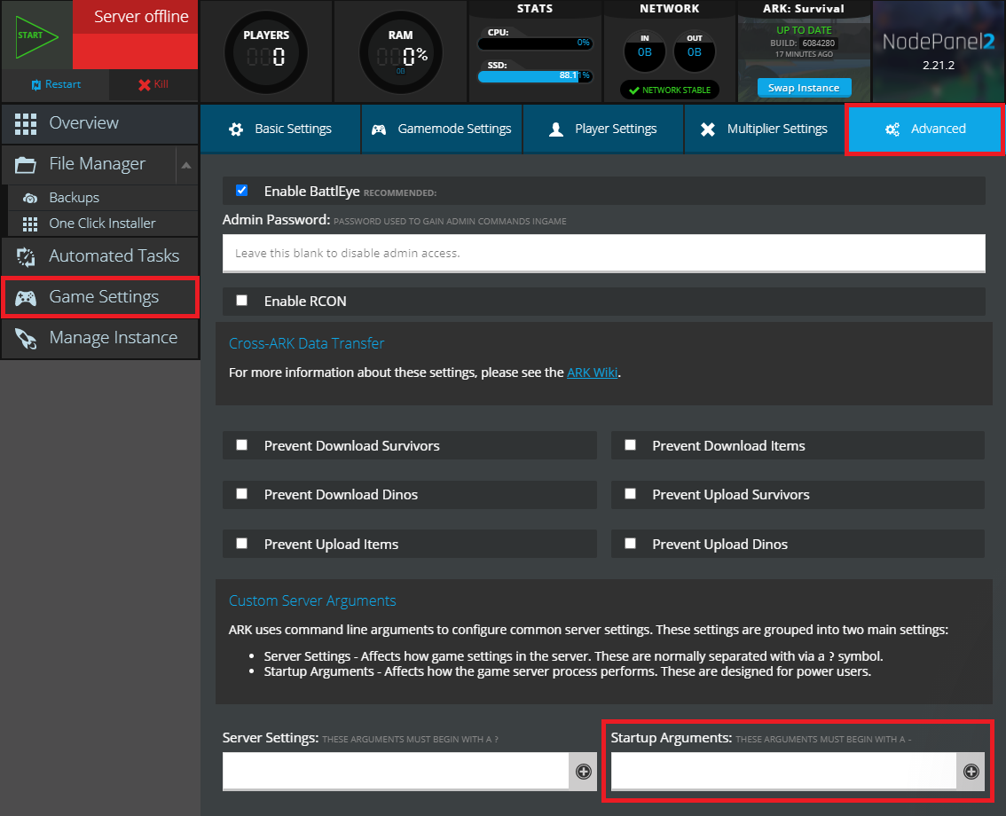 Adding a startup argument for an Ark: Survival Evolved server within NodePanel