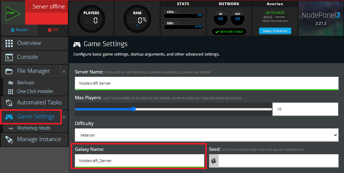 The Nodecraft control panel's Game Settings page showing how to change the Galaxy Name