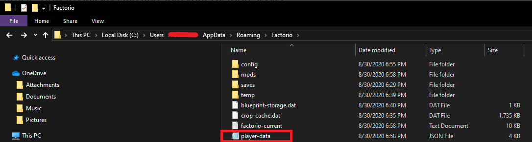 The location of Factorio's save files, to find the player-data.json file