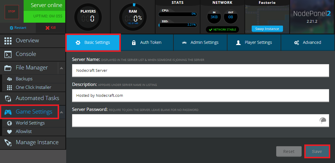 Nodecraft's Control Panel showing you how to give your server a name in the server listings in the Game Settings tab