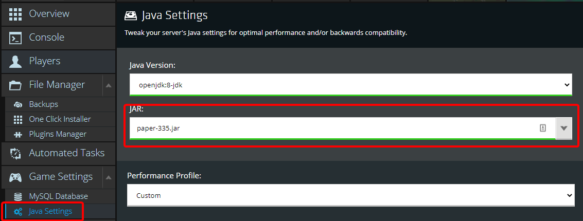 NodePanel Java Settings showing custom server jar selection