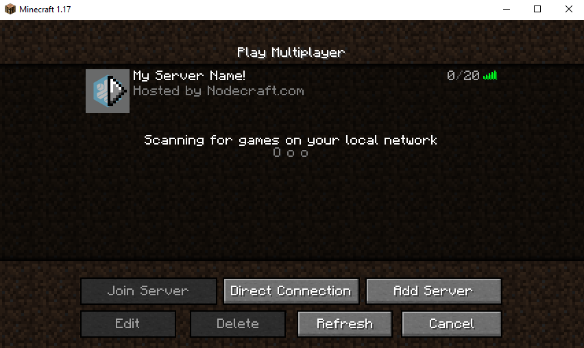 Minecraft Client Multiplayer screen including an Example Server that is Joinable