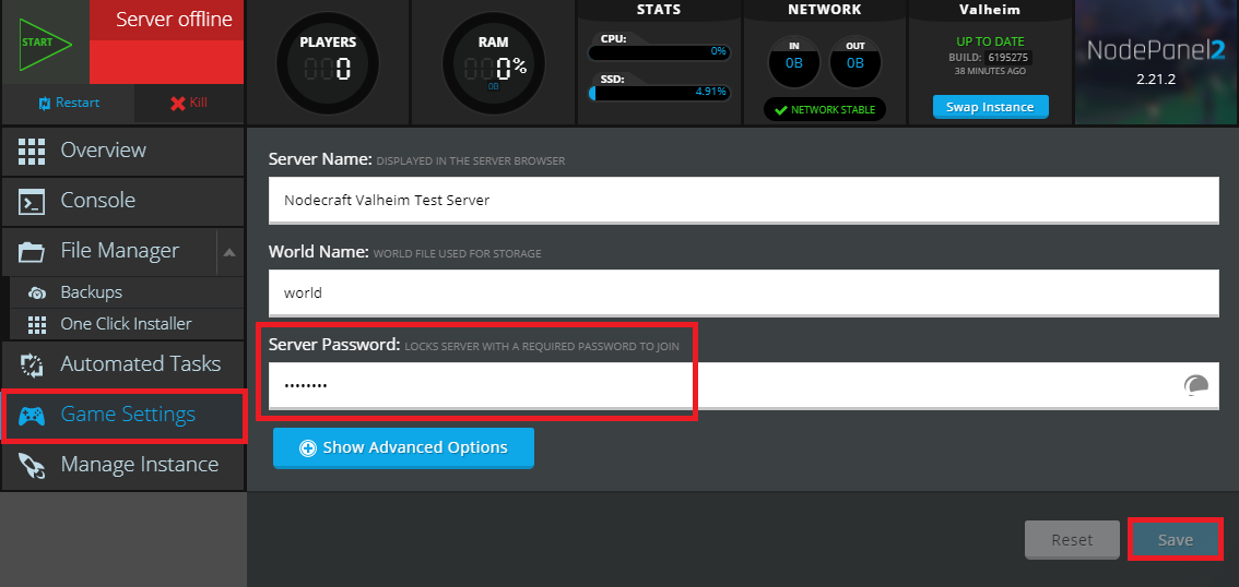 Adding a password to a Valheim server in NodePanel