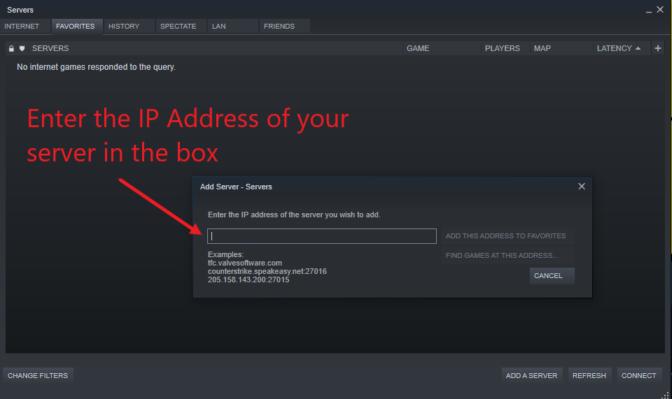 A view of the Steam add server dialog box for entering the server IP address