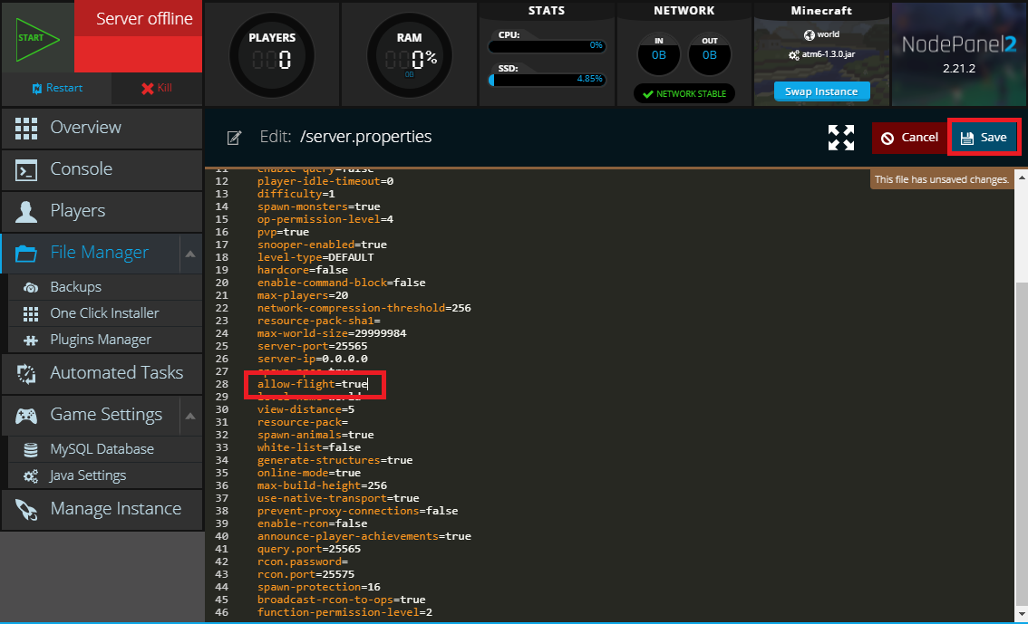 The contents of the server.properties file for Minecraft showing the allow-flight setting being set to true.