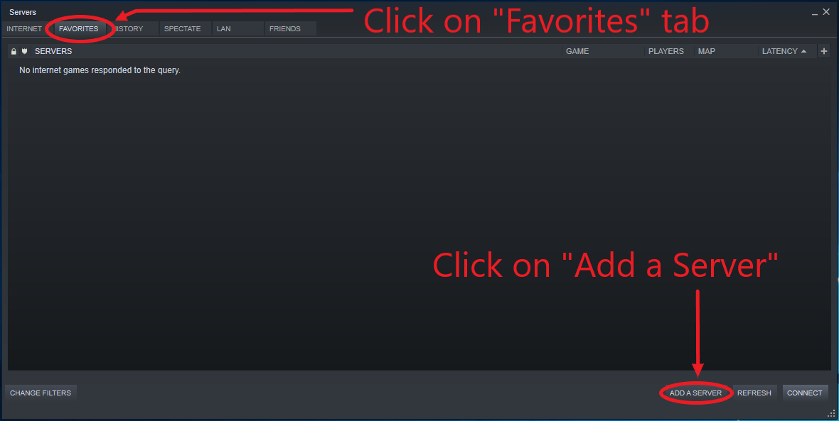 A view of the add server window in Steam