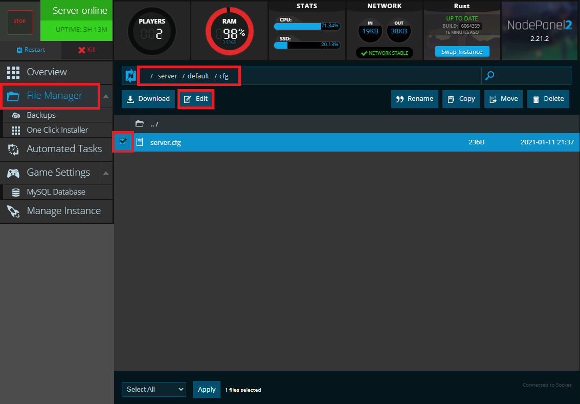 Locating the server.cfg file in NodePanel for a Rust server