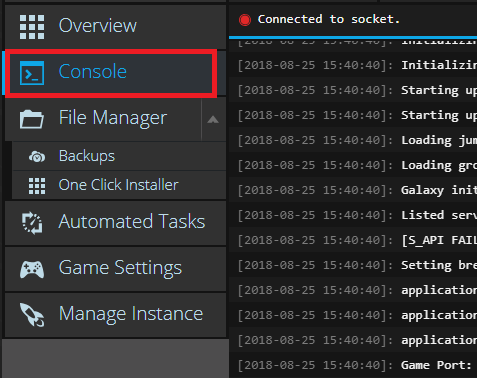 Find the console for your Avorion server