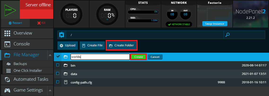 Manually creating the worlds folder for Factorio within NodePanel