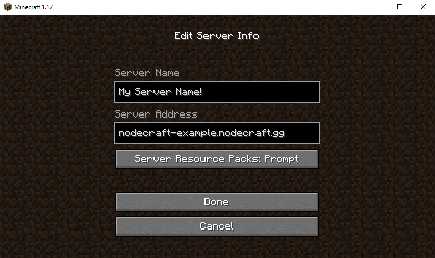 Minecraft Client Add Server screen Example