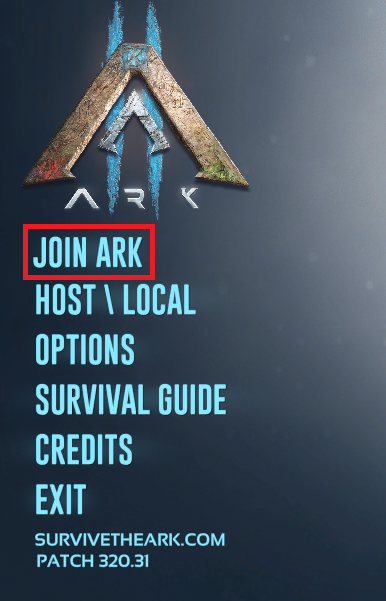 ARK: Survival Evolved's main menu highlighting the Join Ark option