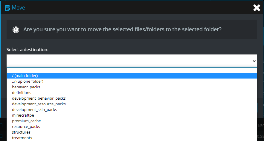 The NodePanel's moving files GUI for your Minecraft: Bedrock Edition server