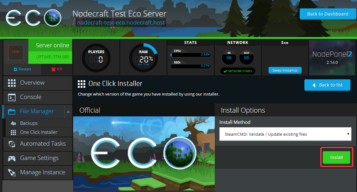 Nodecraft 1-click Eco server update