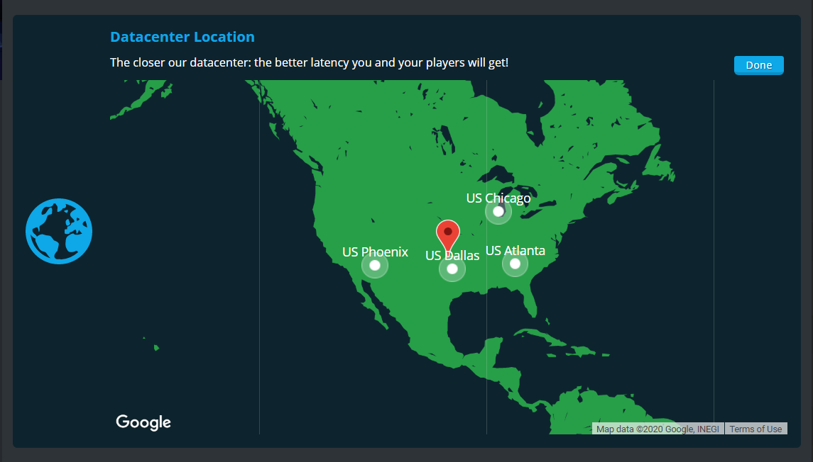 A view of the datacenter location map when creating a new instance